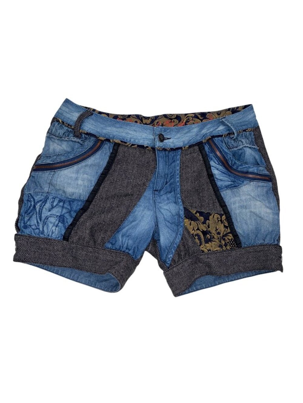 Desigual womens Patchwork Denim bloomer Shorts With Herringbone & Floral Accents